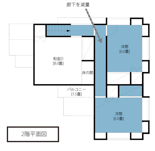 減量住宅の間取り図。青色に塗られた部分が住人(飯名さん)にとっての理想体型